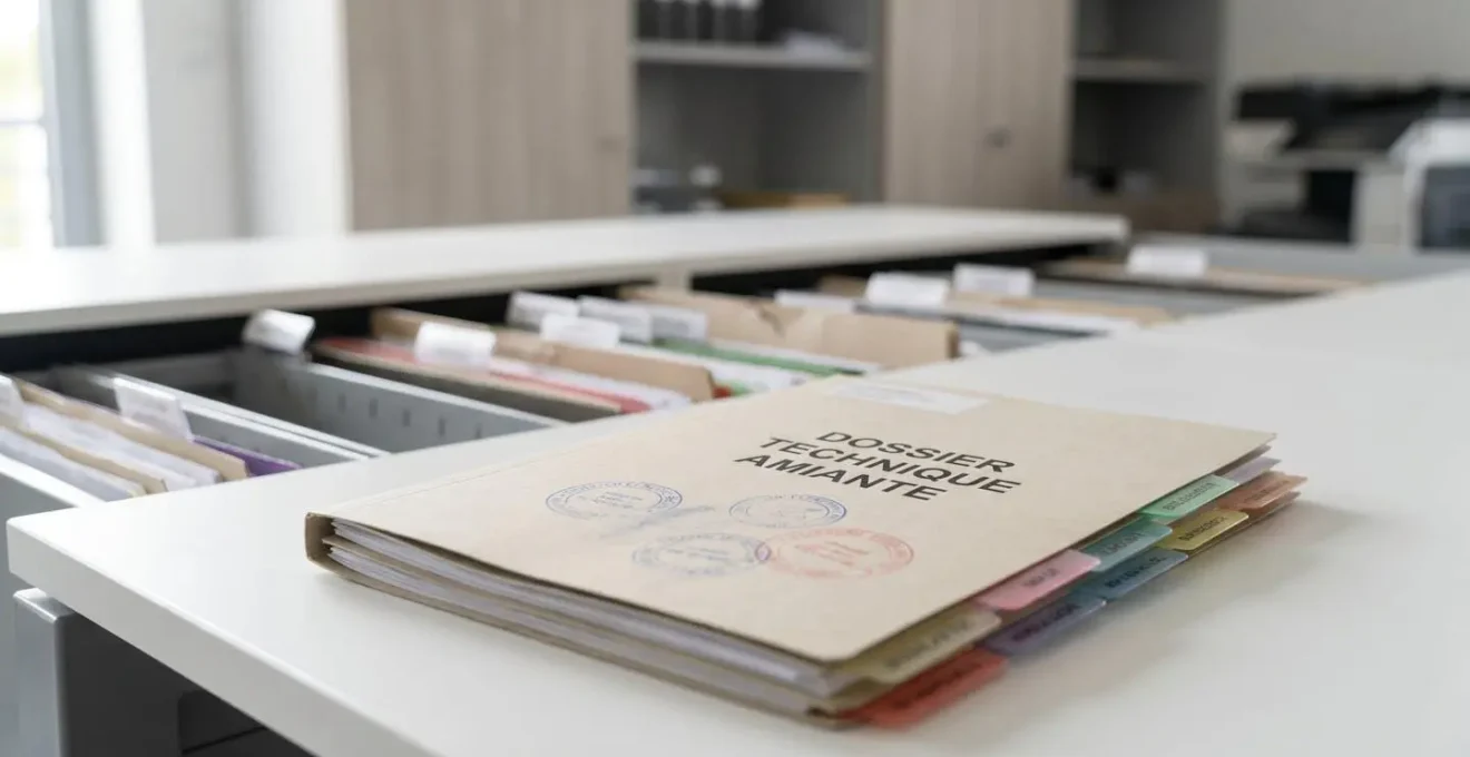 Dossier technique amiante officiel avec onglets de classement posé sur un bureau administratif moderne