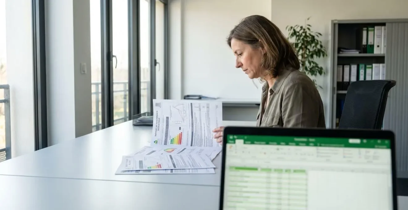Gestionnaire immobilier consultant plusieurs rapports de diagnostics techniques étalés sur son bureau dans un environnement de travail contemporain