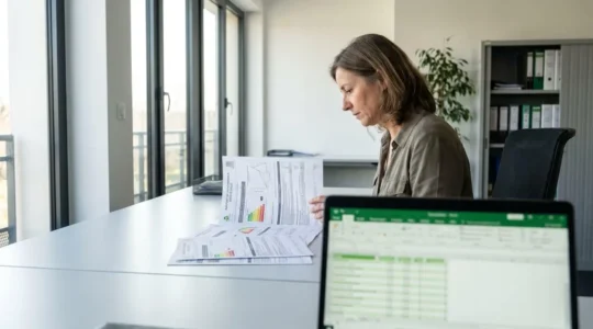 Gestionnaire immobilier consultant plusieurs rapports de diagnostics techniques étalés sur son bureau dans un environnement de travail contemporain