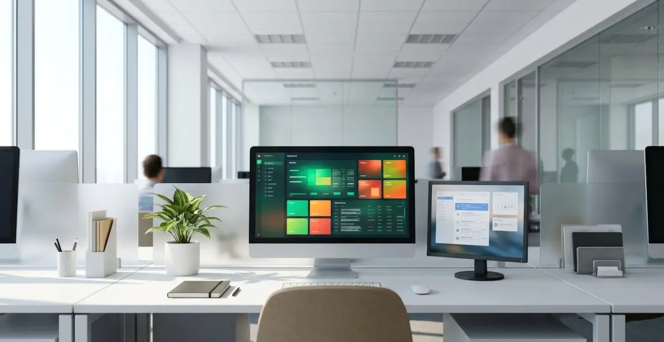 Poste de travail moderne avec écran affichant un tableau de bord de suivi de conformité avec indicateurs de statut colorés